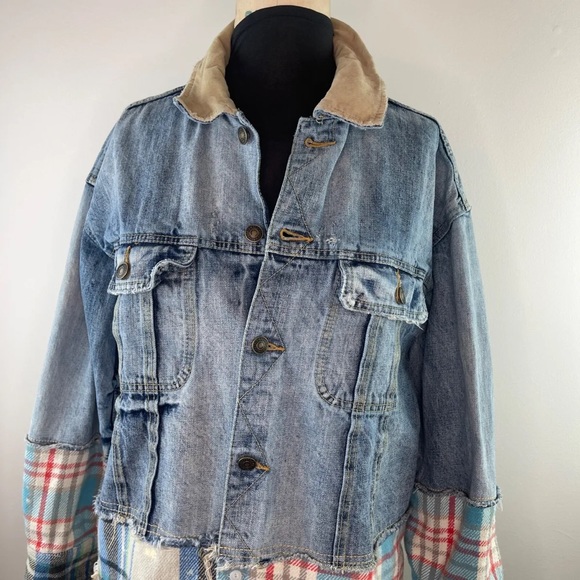 FREE PEOPLE women’s Distressed Sirius Denim Jean Plaid Contrast Shirt Jacket - Picture 13 of 15